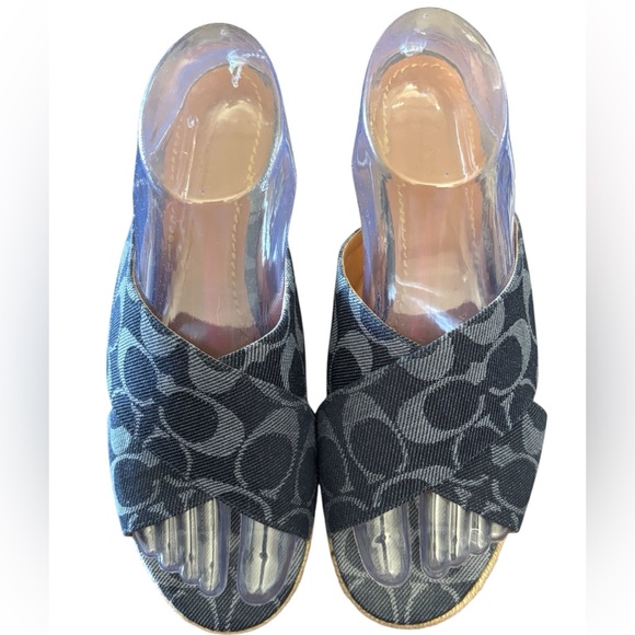 COACH-Denim Monogram Platform WEDGE 8.5/39 Espadrille-Sandal-Blue Style FG 2108 - Picture 2 of 11